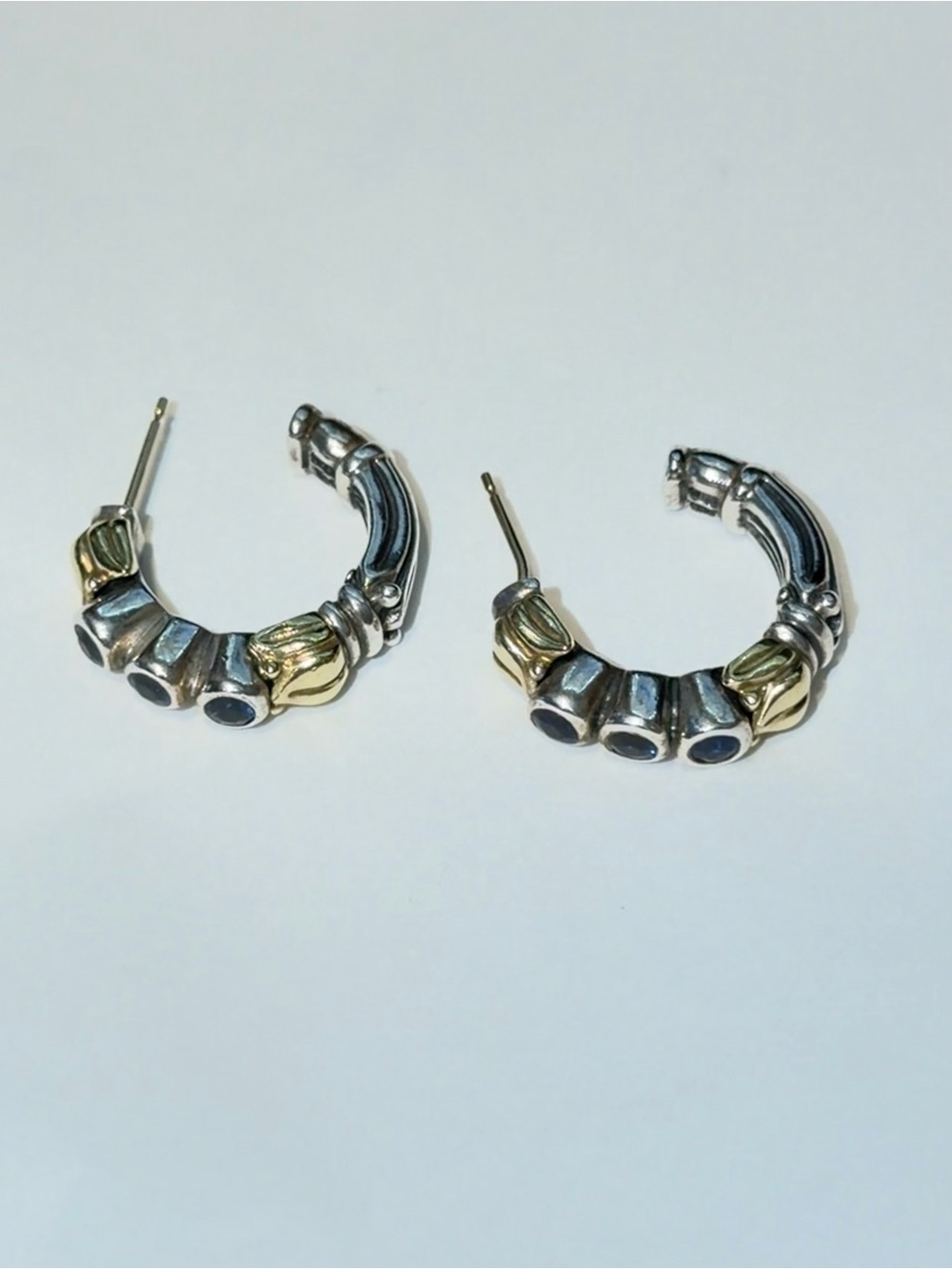 Lagos 18K Gold Silver 925 Blue Topaz Hoop Earrings﻿ - Picture 3 of 7